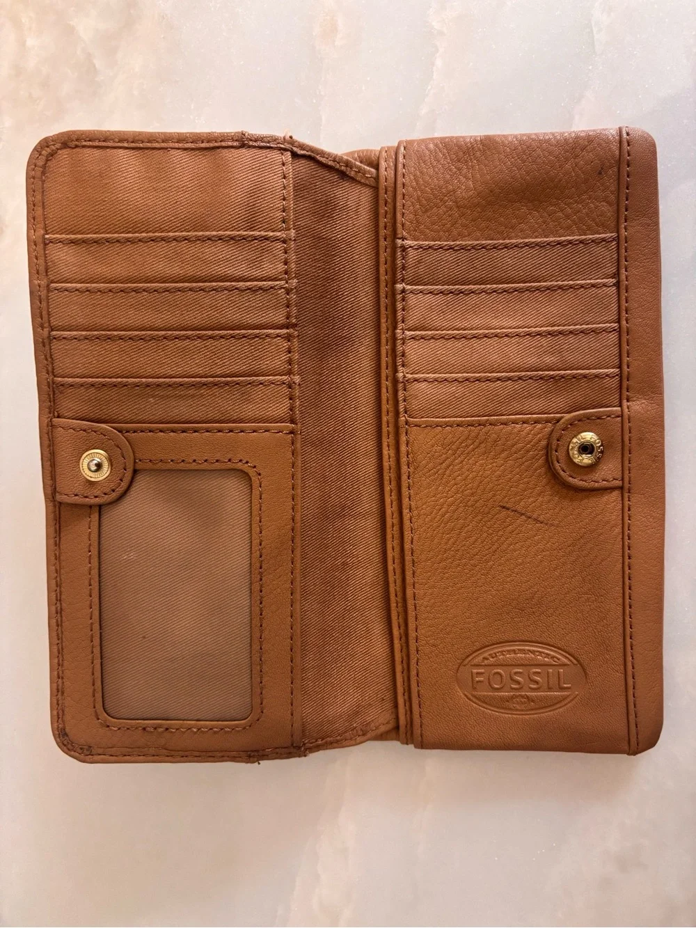 Fossil Tan Leather Zip Card Wallet with Gold Hardware